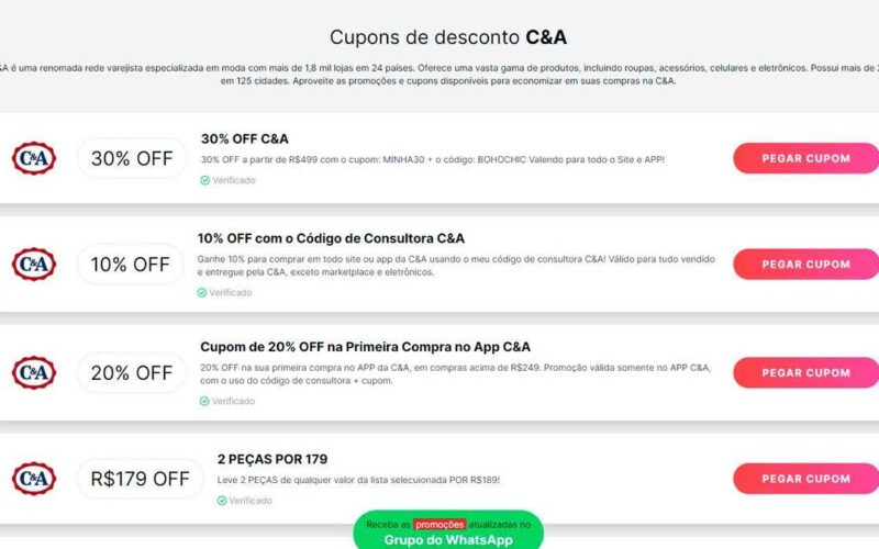 Cupons C&A com até 89% off para moda feminina!